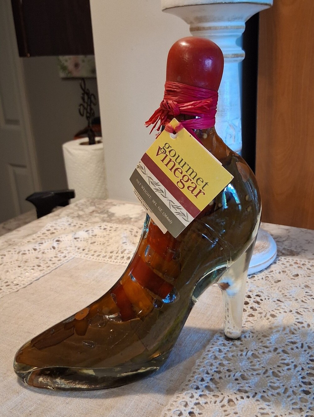 VTG Sealed Gourmet Vinegar "Three Chili" Victorian Boot Glass Art Kitchen Decor